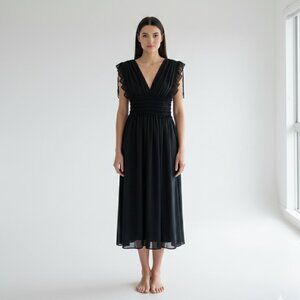 Max Studio Black Smocked Waist Midi Dress Size S Elegant Ruffle V Neck